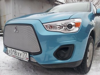 5 999 р. Защитная сетка в бампер (верх, ячейка 4х10 мм) Alfeco Премиум Mitsubishi ASX 1-ый рестайлинг (2013-2016) (Хром)  с доставкой в г. Краснодар. Увеличить фотографию 3