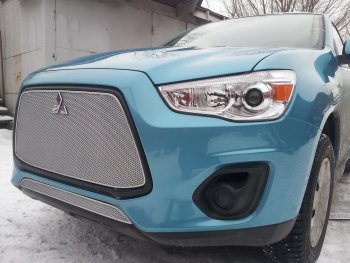 4 299 р. Защитная сетка в бампер (низ, ячейка 4х10 мм) Alfeco Премиум  Mitsubishi ASX (2013-2016) 1-ый рестайлинг (Хром)  с доставкой в г. Краснодар. Увеличить фотографию 2