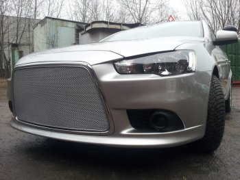 5 999 р. Защитная сетка в бампер (ячейка 3х7 мм) Alfeco Стандарт Mitsubishi Lancer 10 CY хэтчбек 5 дв рестайлинг (2011-2017) (Хром)  с доставкой в г. Краснодар. Увеличить фотографию 2