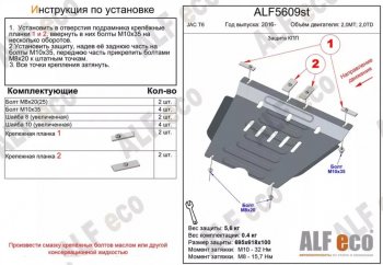 Защита КПП (V-2,0MT; 2,0TD) ALFECO JAC T6 пикап (2018-2024)