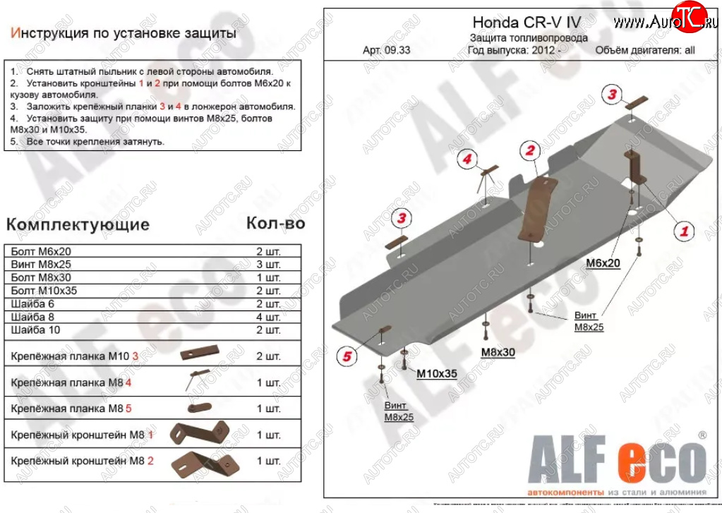 11 699 р. Защита топливопровода Alfeco  Honda CR-V  RM1,RM3,RM4 (2012-2018) дорестайлинг, рестайлинг (Алюминий 3 мм)  с доставкой в г. Краснодар