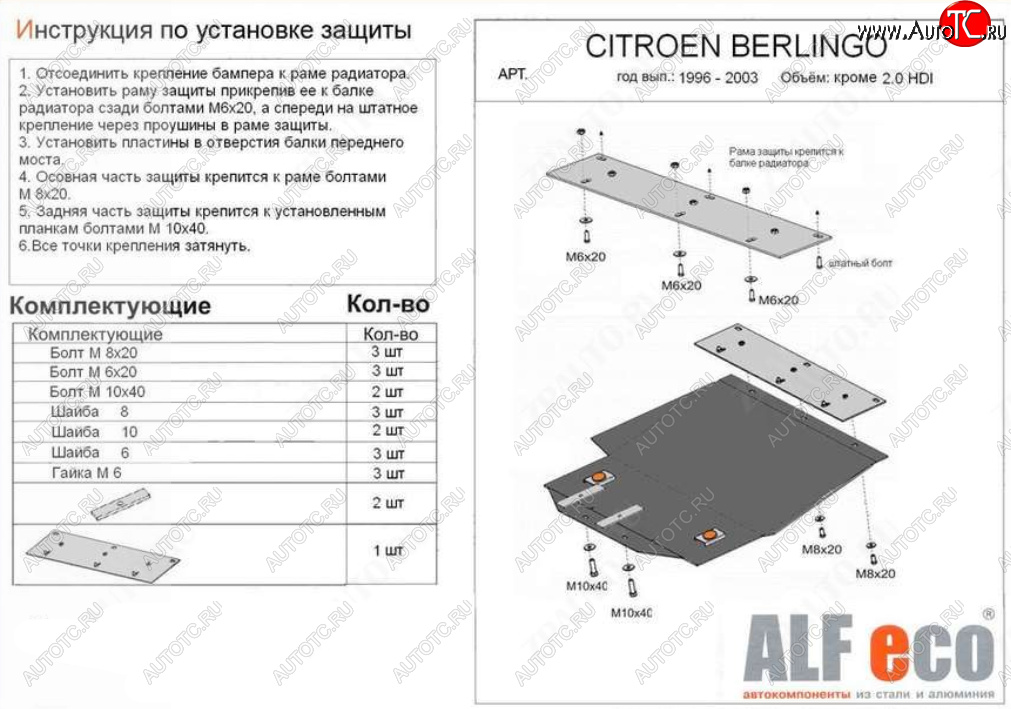 13 199 р. Защита картера двигателя и КПП (кроме 2,0 HDI) ALFECO  CITROEN Berlingo  M49 (1996-2003) дорестайлинг (Алюминий 4 мм)  с доставкой в г. Краснодар