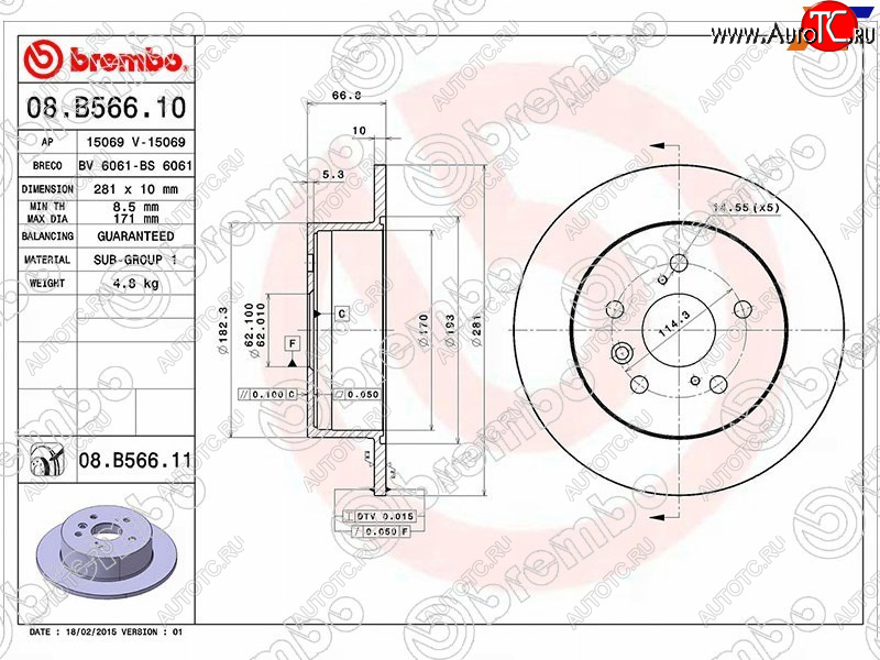 5 549 р. Задний тормозной диск (не вентилируемый, d 281) BREMBO  Toyota Camry  XV40 (2006-2011) дорестайлинг, рестайлинг  с доставкой в г. Краснодар