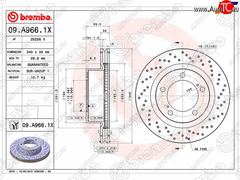 15 999 р. Тормозной передний диск (Ø340) BREMBO  Toyota Land Cruiser 200 1-ый рестайлинг (2012-2015)  с доставкой в г. Краснодар