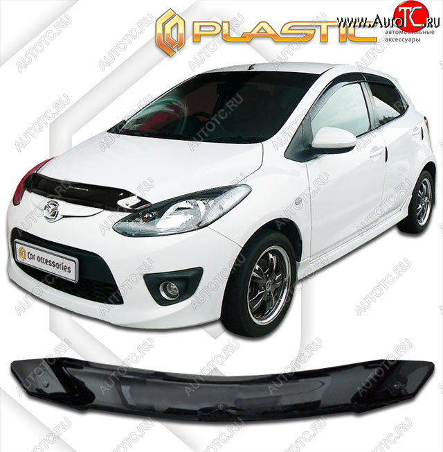 1 849 р. Дефлектор капота CA-Plastic  Mazda 2/Demio  DE (2007-2014) дорестайлинг, рестайлинг (Classic черный, с надписью)  с доставкой в г. Краснодар