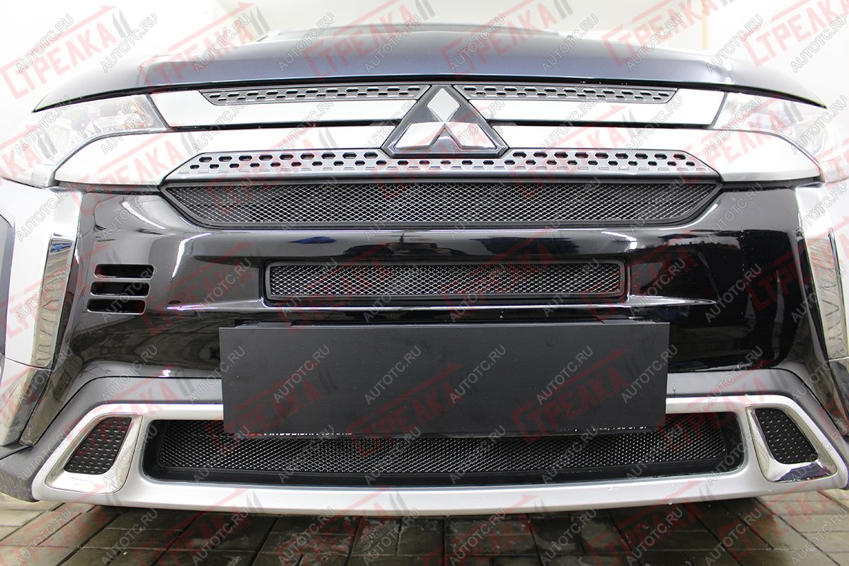 6 999 р. Защита радиатора (3 части с парктроником) Стрелка11 Стандарт  Mitsubishi Outlander  GF (2018-2022) 3-ий рестайлинг (черная)  с доставкой в г. Краснодар