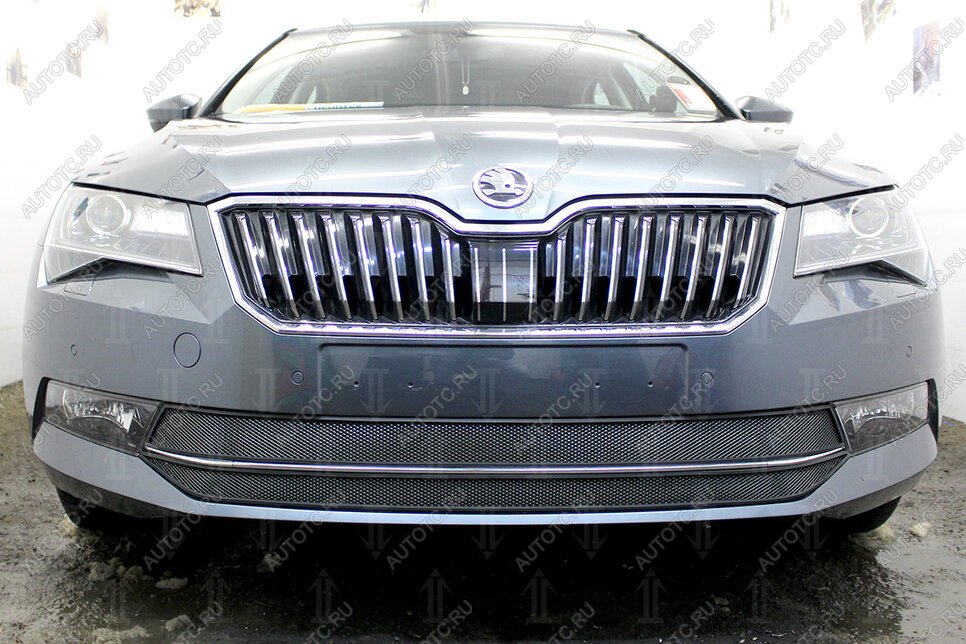 4 649 р. Защита радиатора (2 части) Стрелка11 Стандарт  Skoda Superb ( B8 (3V),  B8 (3V5)) (2015-2019) лифтбэк дорестайлинг, универсал дорестайлинг (черная)  с доставкой в г. Краснодар