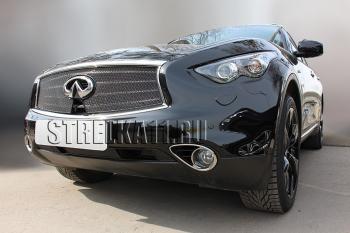 7 199 р. Защита радиатора (верх с вырезом под камеру) Стрелка11 Премиум  INFINITI FX37  S51 - QX70  S51 (черная)  с доставкой в г. Краснодар. Увеличить фотографию 2