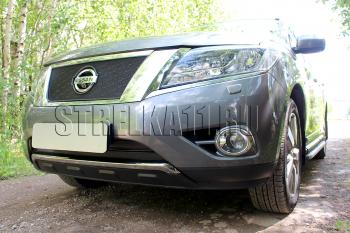 8 649 р. Защита радиатора (низ 2 части) Стрелка11 PREMIUM  Nissan Pathfinder  R52 (2012-2017) дорестайлинг (черная)  с доставкой в г. Краснодар. Увеличить фотографию 2