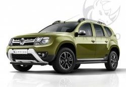 8 449 р. Защита переднего бампера (Ø63 мм, окрашенная) SLITKOFF Renault Duster HS рестайлинг (2015-2021) (черный)  с доставкой в г. Краснодар. Увеличить фотографию 1