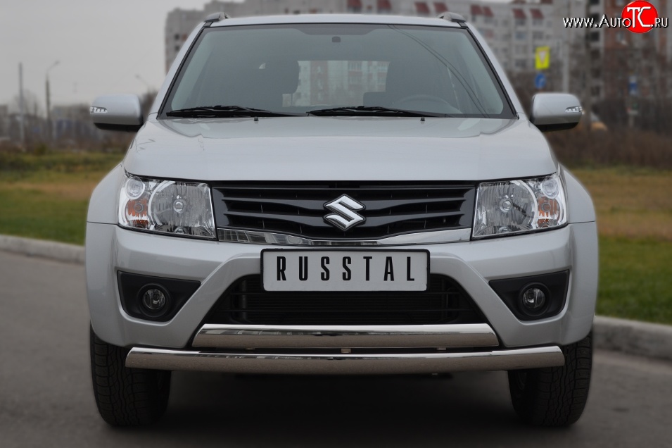 22 299 р. Защита переднего бампера (2 трубыØ75х42 мм, нержавейка) Russtal Suzuki Grand Vitara JT 3 двери 2-ой рестайлинг (2012-2016)  с доставкой в г. Краснодар