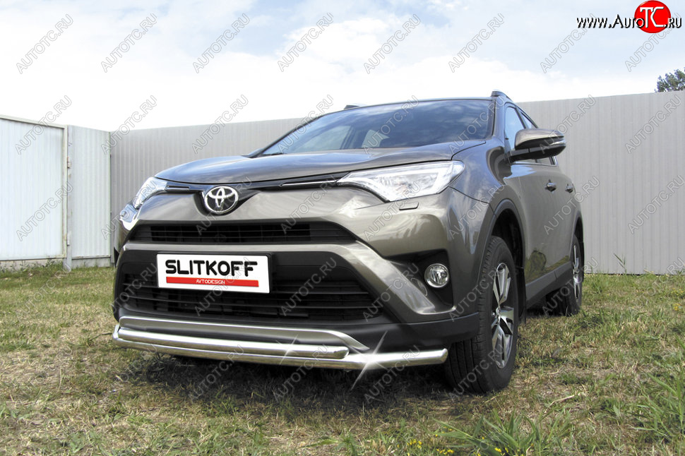 14 999 р. Защита переднего бампера Slitkoff (Ø57 и 42 мм) Toyota RAV4 XA40 5 дв. рестайлинг (2015-2019) (Нержавейка полированная)  с доставкой в г. Краснодар