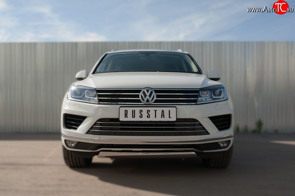 15 649 р. Защита переднего бампера (Ø75х42 мм, нержавейка) Russtal Volkswagen Touareg NF рестайлинг (2014-2018)  с доставкой в г. Краснодар