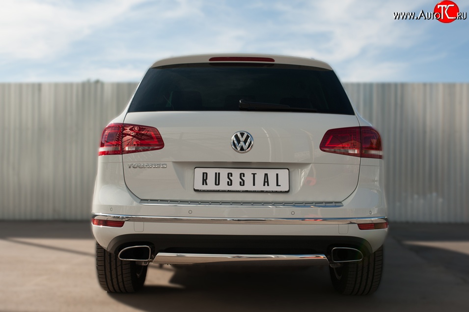 15 649 р. Защита заднего бампера (Ø75x42 мм, нержавейка) Russtal Volkswagen Touareg NF рестайлинг (2014-2018)  с доставкой в г. Краснодар